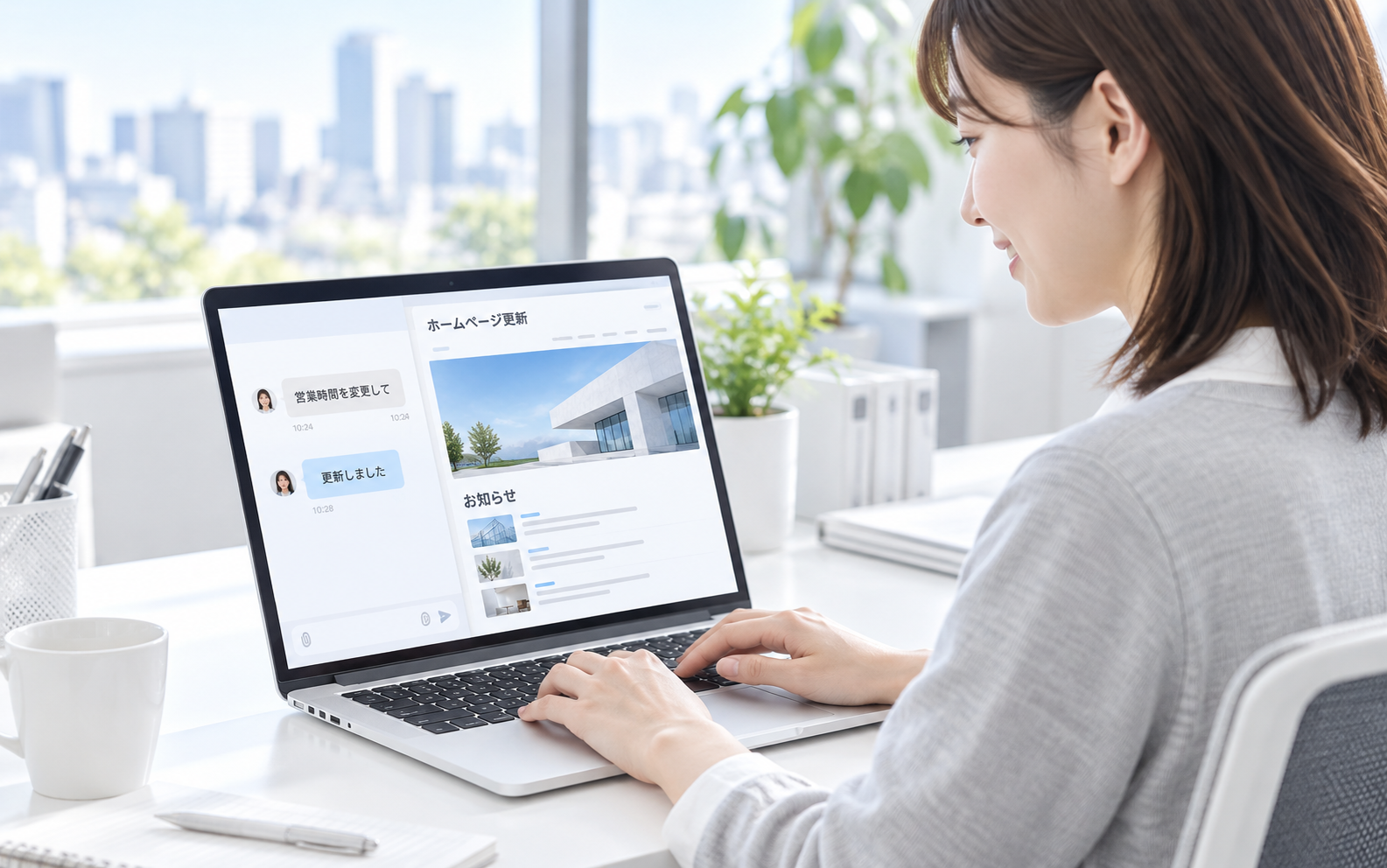 明るく清潔なオフィスで、日本人女性の担当者が日本語でAIに指示し、ホームページを更新しているイメージ
